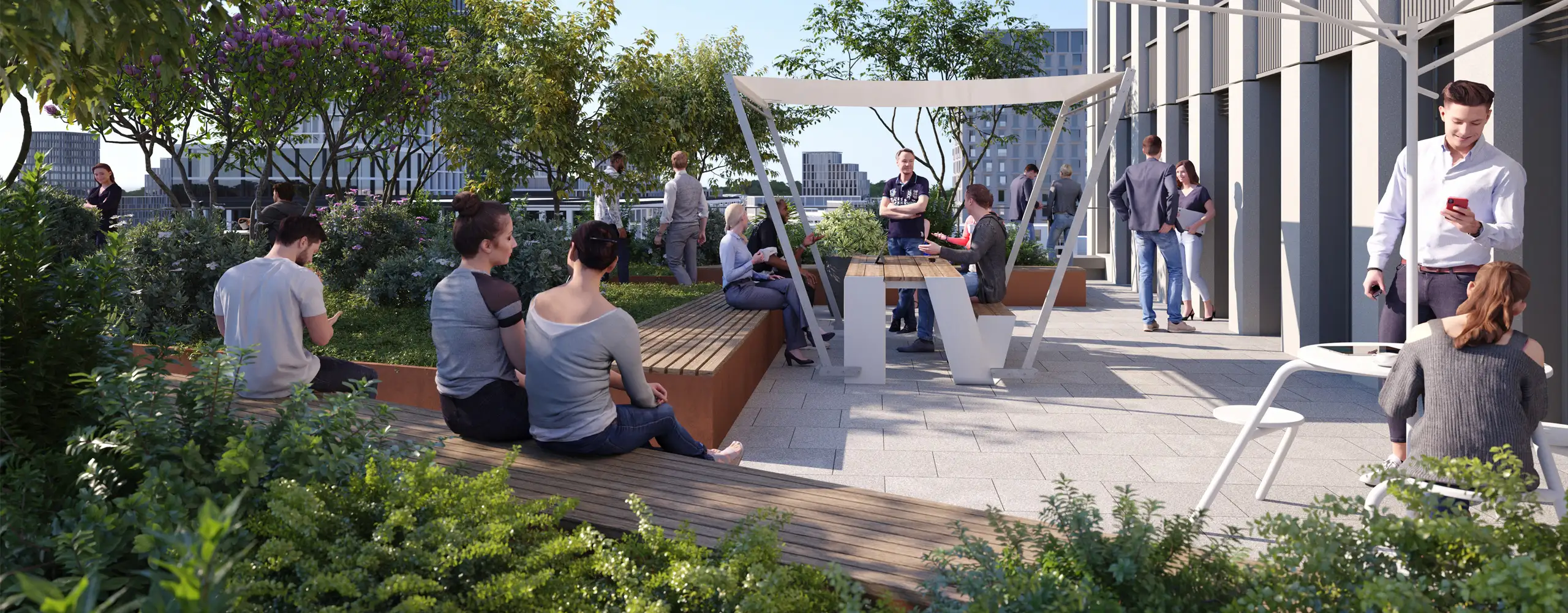 Image: Rendering of a terrace scene with various 3DPEOPLE in it.